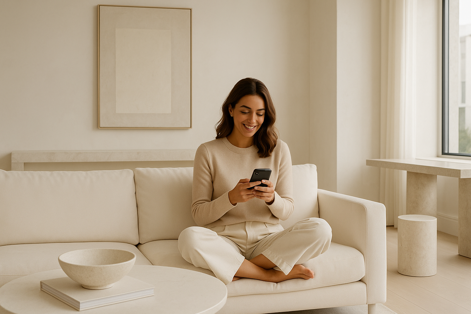 Happy woman looking at her phone in a white cream sofa, in a luxury and minimalist living room
